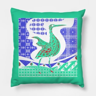 egret bird in talavera nest in mexican pattern art ecopop in blue jade Pillow