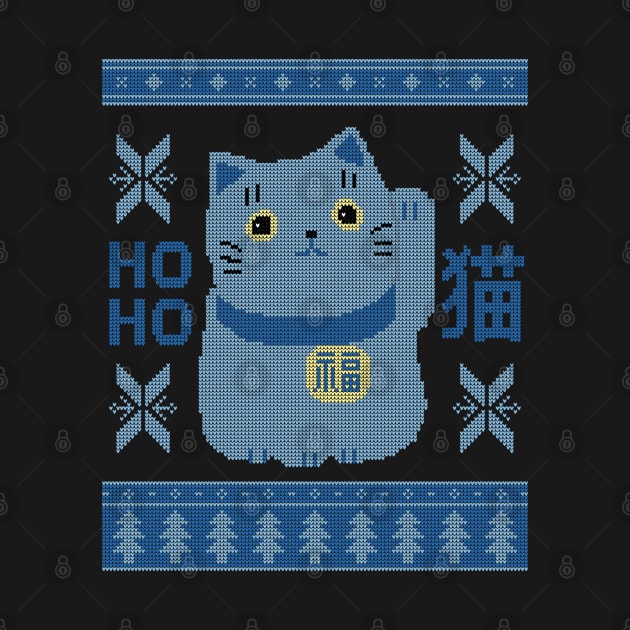 Pastel Blues Japanese Cat Maneki Neko Kawaii Ugly Christmas Sweater Design by YourGoods