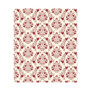 Damask Pattern with Chickens in Cranberry Red T-Shirt