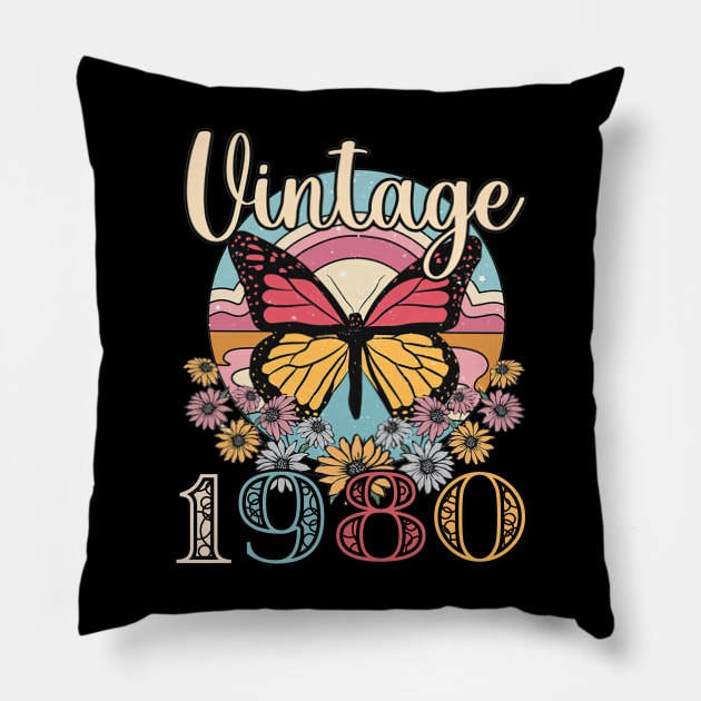 Floral Butterfly Retro Vintage 1980 43rd Birthday Pillow by Vladis