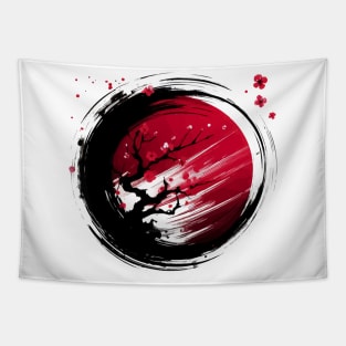 Sumie Enso Japanese Brushstroke Sakura Cherry Tree Blossom Tapestry