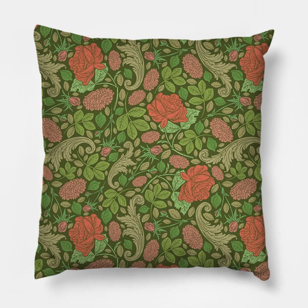 Red roses with green leaves on green background Pillow by PinataFoundry