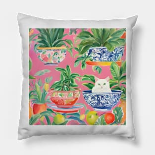 Kitty in a chinoiserie bowl on pink Pillow