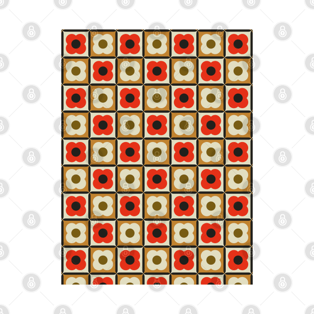 Retro Floral Checker Pattern Red, Burnt Orange, Cream by tramasdesign