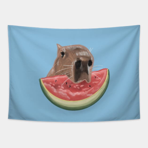 Capybara Snacking on a Slice of Watermelon Tapestry by danyellysdoodles