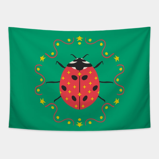 Ladybug and stars - pink and green Tapestry by Vaekra Design