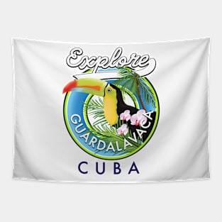 Explore Guardalavaca Cuba retro logo Tapestry