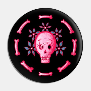 Funny Pink Skull With Flowers And Bones Pin