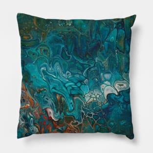 Paint pour abstract blue ocean orange Pillow