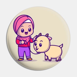 Cute Moslem Girl With Goat Cartoon Pin