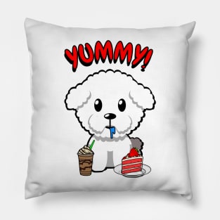 Cute furry dog is having coffee and cake Pillow