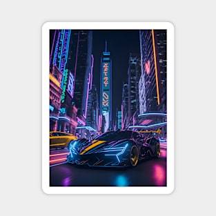 Dark Neon City Sports Car Magnet