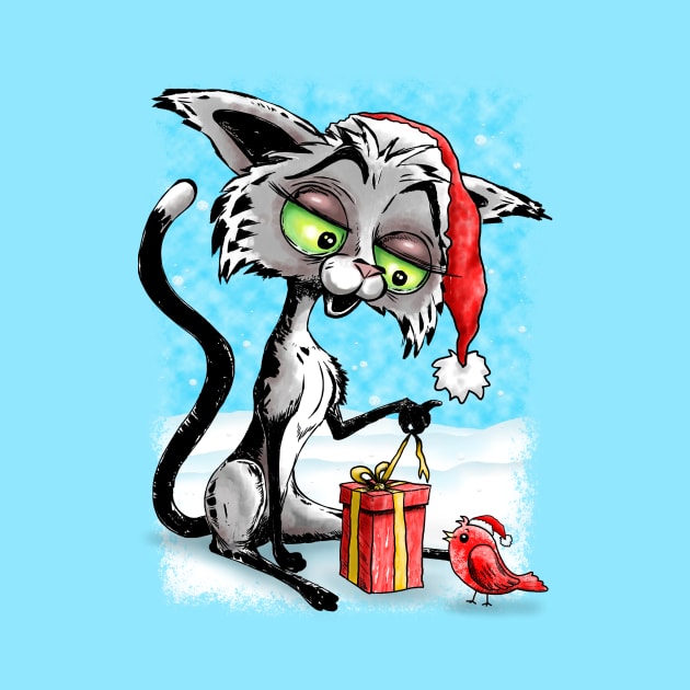 Happy Cat and Bird with Christmas Gift by BluedarkArt