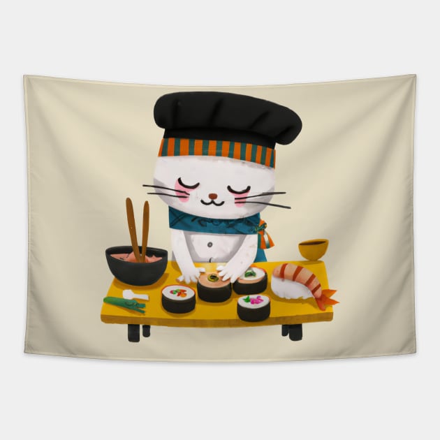 Kawaii Sushi Cat Chef Tapestry by Souls.Print