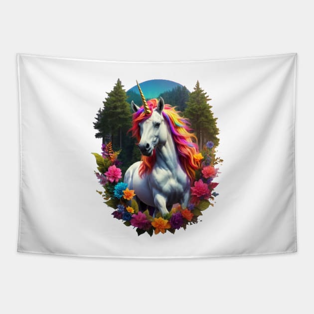 Rainbow Unicorn Floral Tapestry by Ratherkool