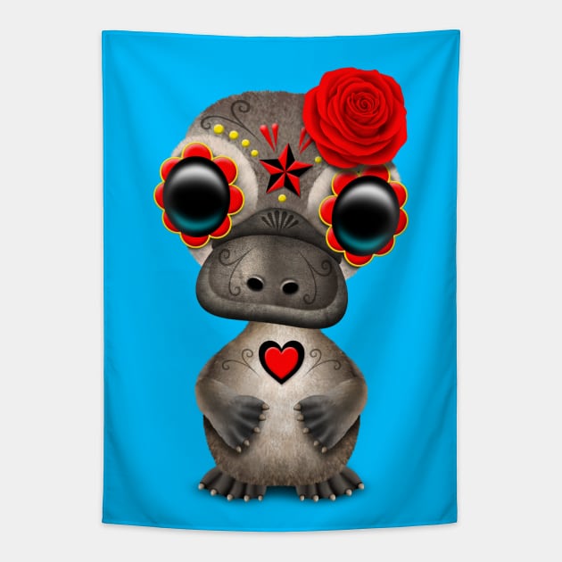 Red Day of the Dead Sugar Skull Baby Platypus Tapestry by jeffbartels