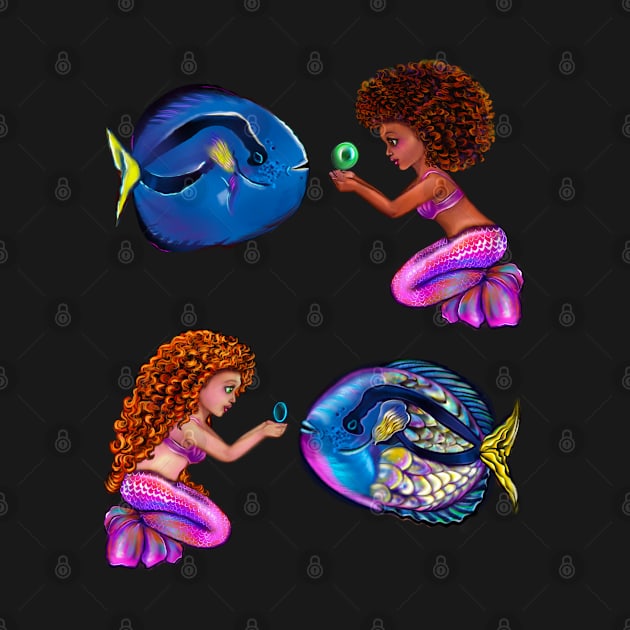 Best fishing gifts for fish lovers 2022. anime mermaid with blue tang fish and bubbles. Pretty black  and white girls with Afro hair, green eyes, Cherry pink lips and dark brown skin. Hair love ! by Artonmytee