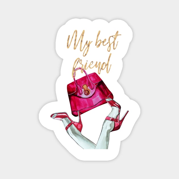 My best friend, quote, red shoes and red bag, watercolor illustration Magnet by IngaDesign