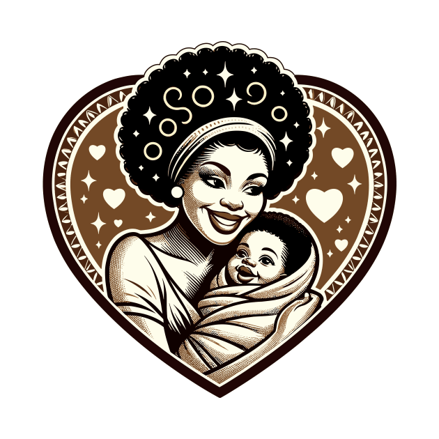 African mother. Vintage motherhood heart t-shirt, Retro Mom and baby love graphic tee, Unique mother's day gift by Cat In Orbit ®