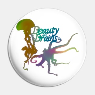 Beauty and Brains, Octopus and Jellyfish Duo 2, Hazy Pastel Rainbow, Bold Graphic Design Pin