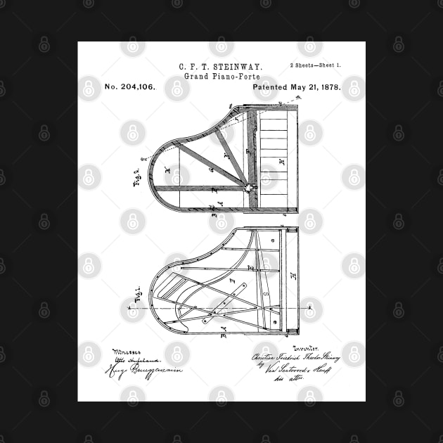 Steinway Grand Piano Patent - Piano Player Art - Black And White by patentpress
