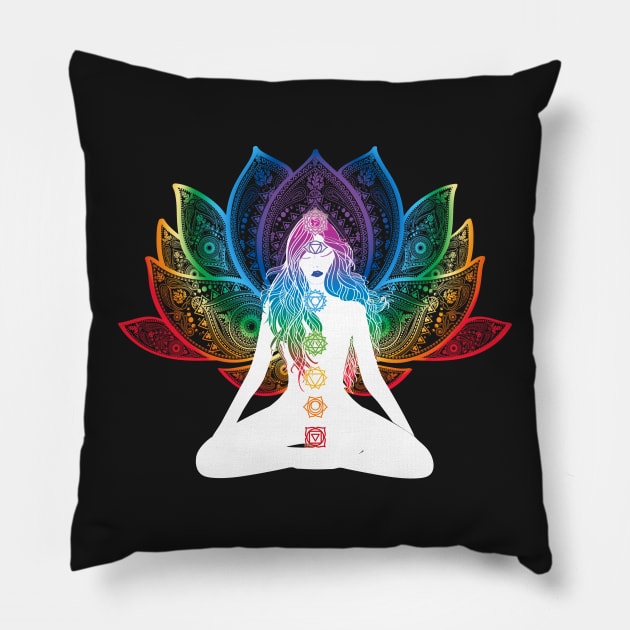 Rainbow Lotus Flower With Chakras Aligned Meditating Bohemian Girl Pillow by glintintheeye