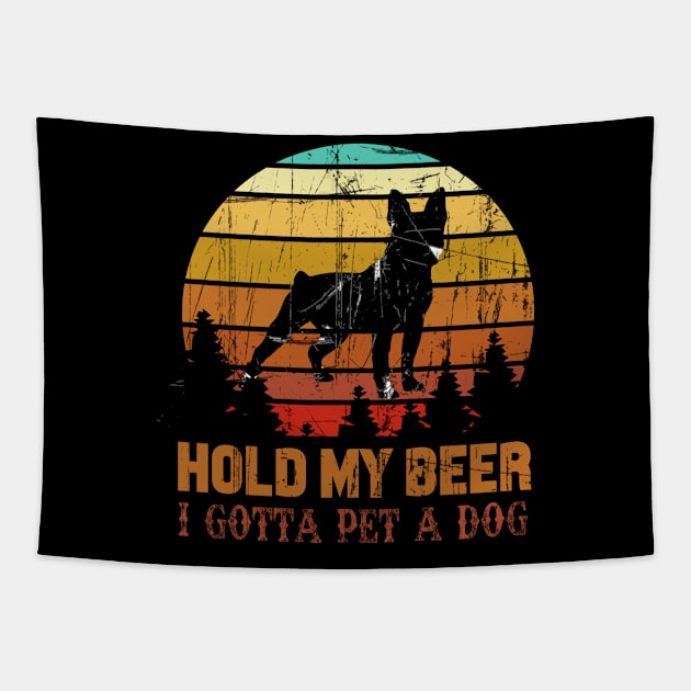 Holding My Beer I Gotta Pet This Boston Terrier Tapestry by Walkowiakvandersteen