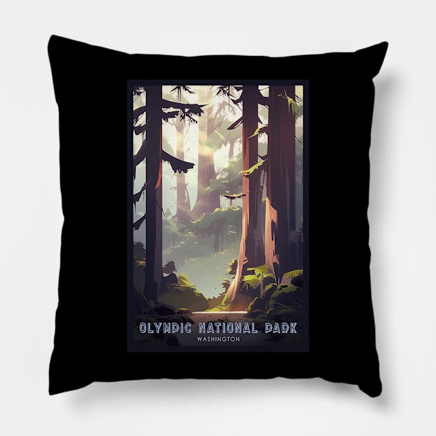 Olympic National Park Travel Poster Pillow by GreenMary Design