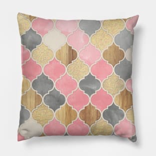 Silver Grey, Soft Pink, Wood & Gold Moroccan Pattern Pillow