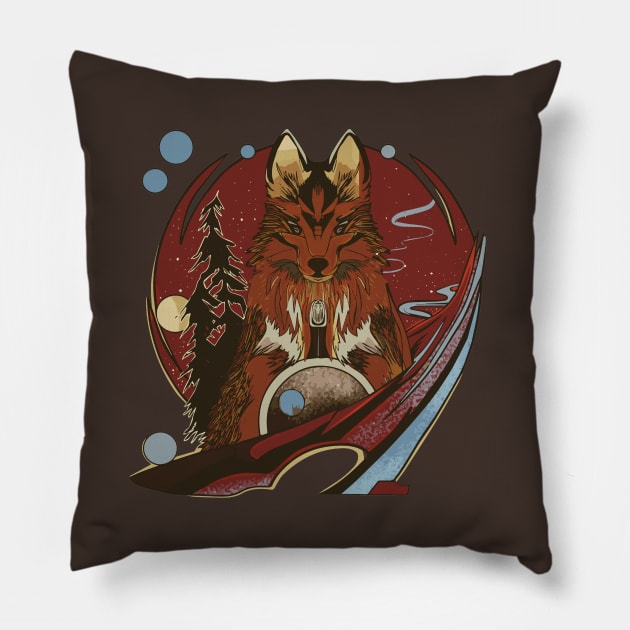 Anime cartoon style wolf with pine trees and starry night Pillow by jen28