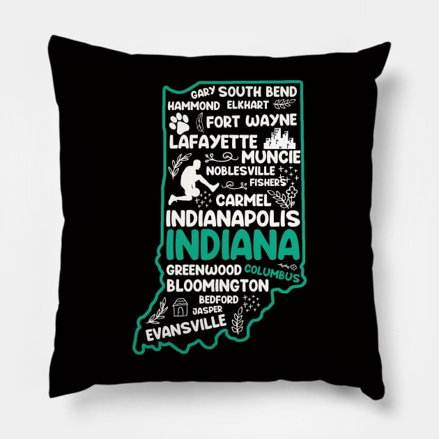 Columbus Indiana cute map Indianapolis, Fort Wayne, Evansville, Carmel, South Bend, Fishers, Bloomington, Pillow by BoogieCreates