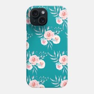 Pink Watercolor Roses in Teal Background Phone Case