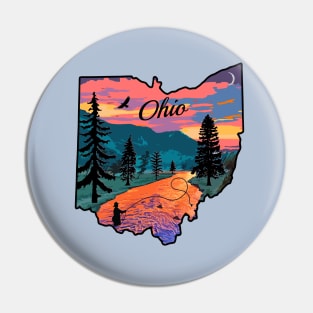 Ohio State Map Mountain Sunset River Fishing Retro Pin