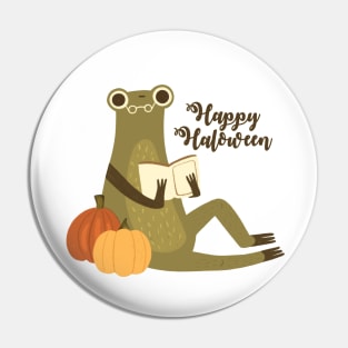 Autumn frog reading a book Happy Halloween Pin