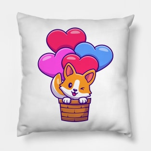 Cute Corgi Dog Flying With Love Balloon Cartoon Pillow