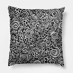 Black and white floral doodle art Pillow