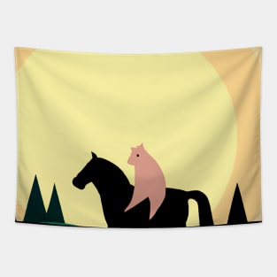 Cat Riding Horse Minimal Tapestry