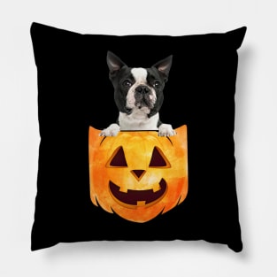 Black Boston Terrier Dog In Pumpkin Pocket Halloween Pillow