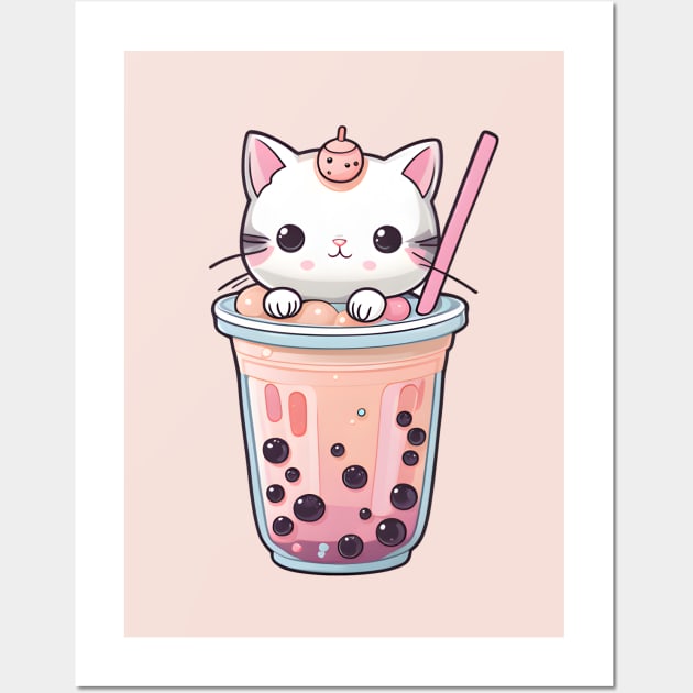 Kawaii Boba Tea with Cute Kitty Cat - Boba Tea - Posters and Art Prints