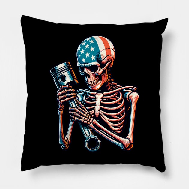 USA Patriotic Skeleton Piston Rod Garage Cars Racing American Flag 4th of July Independence Day Pillow by Carantined Chao$