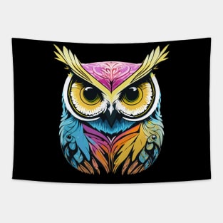 t-shirt design, colorful owl with yellow eyes on a black background, an airbrush painting Tapestry