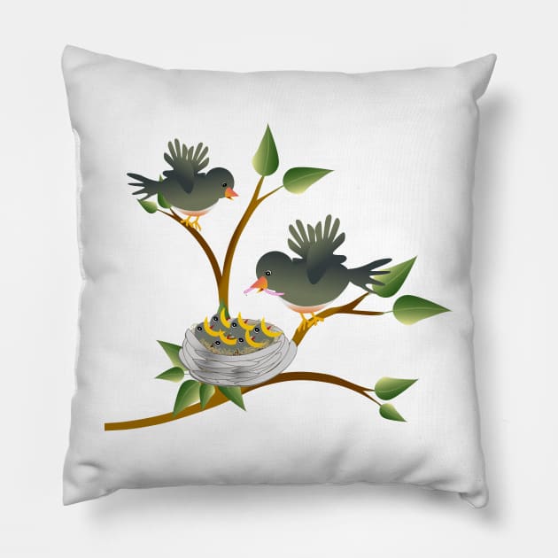 Bird with a worm perched on a tree with nest with young nestlings chirping for food. Pillow by ikshvaku