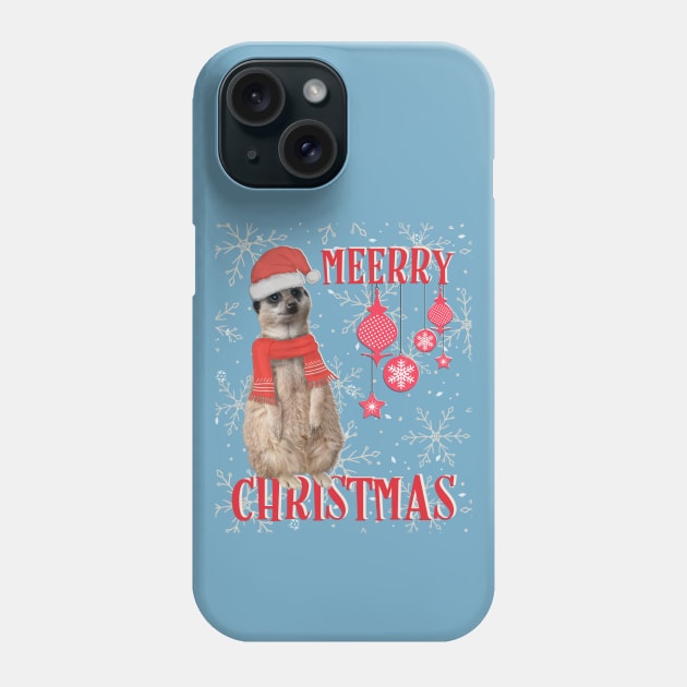 Merry Christmas (Meerry) - Meerkat in Christmas hat & scarf with snowflakes Phone Case by Off the Page