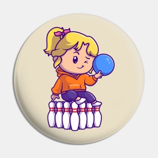 Cute Girl Playing Bowling Cartoon Pin