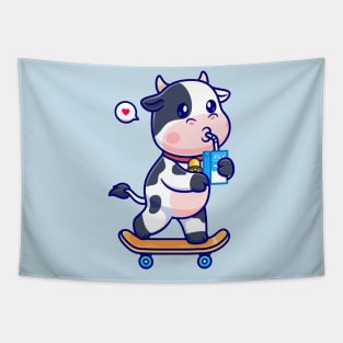 Cute Cow Drinking Milk On Skateboard Cartoon Tapestry