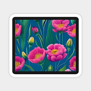 Pink Flowers On A Blue Background Watercolor Drawing Magnet