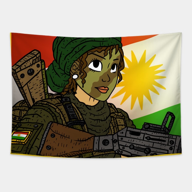 a female soldier of the kurdish defense forces, YPG. kurdistan. Tapestry by JJadx