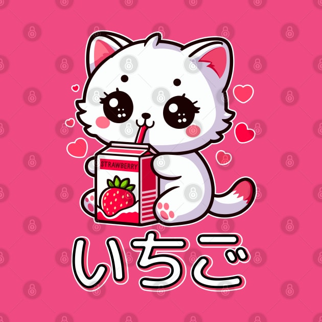 Strawberry Cat, Kawaii Kitten Drinking Strawberry Milk by Cuteness Klub