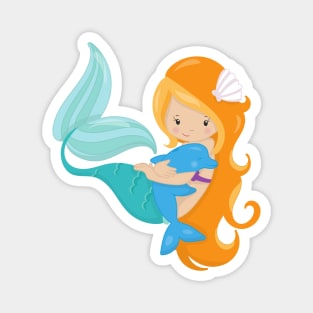 Cute Mermaid, Little Mermaid, Orange Hair, Dolphin Magnet