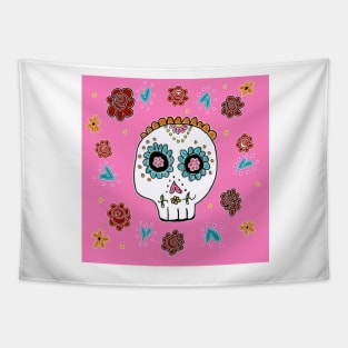 Sugar Skull and Roses pink background Tapestry